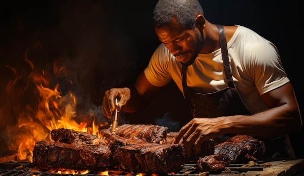 Un homme afro-américain portant un tablier cuisine de la viande au barbecue Le cuisinier couvre la viande avec de la marinade Toile de fond noire AI générative