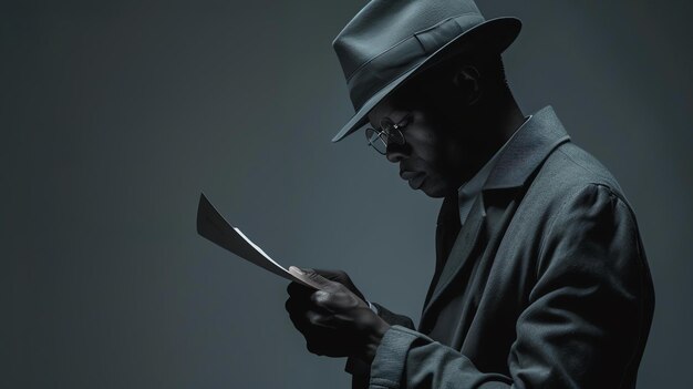 Photo un homme afro-américain réfléchi portant un chapeau et des lunettes lisant un document dans le noir.