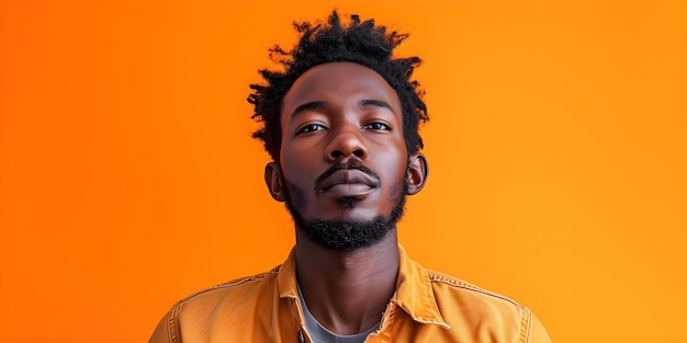 Homme afro-américain réfléchissant sur un fond orange vibrant Portraits conceptuels Réflexion afro-américaine Arrière-plan coloré