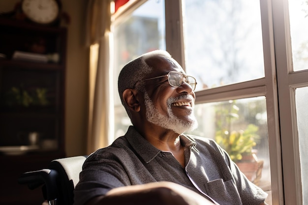 Un homme afro-américain à la retraite âgé à la maison, assis dans un fauteuil roulant, regardant par la fenêtre par une journée ensoleillée