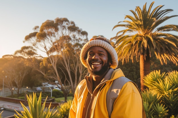 Photo un homme afro-américain souriant dans une veste jaune et un chapeau de laine au coucher du soleil