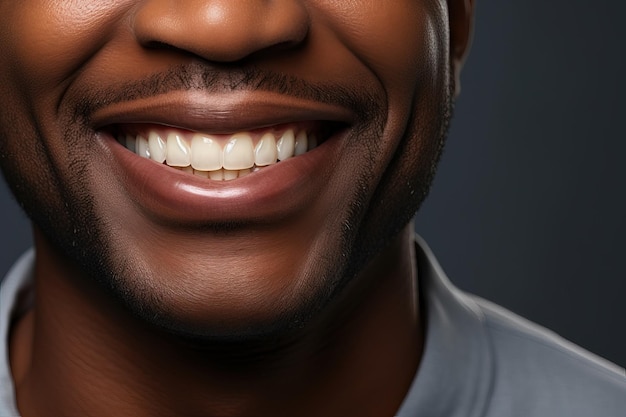 Homme afro-américain souriant heureux avec des dents parfaitement blanches et régulières Concept de blanchiment des dents Bouche souriante en gros plan Image avec espace de copie