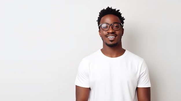 Homme afro-américain souriant en lunettes isolé sur un fond de studio blanc