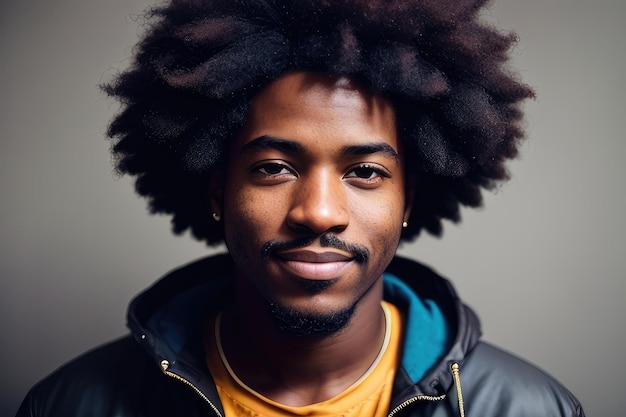 Un homme avec un afro portant une chemise jaune.