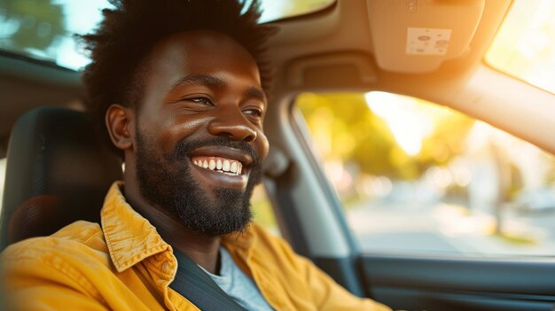 Un homme afro souriant au volant d'une voiture