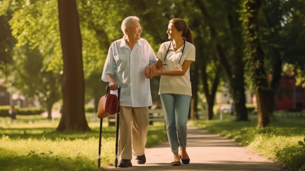 Un homme âgé avec une aide à la marche accompagné d'une jeune soignante souriante se promène dans le parc