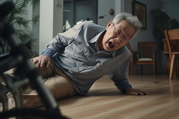 Homme âgé asiatique tombant au sol de son fauteuil roulant