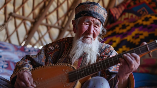 Photo un homme âgé d'asie centrale avec un chapeau traditionnel et une longue barbe joue de la dombra dans une yourte au kazakhstan