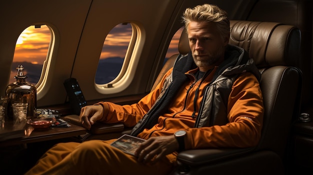 Photo un homme âgé assis dans un avion