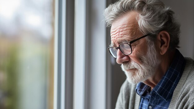 Un homme âgé assis seul à regarder par la fenêtre il se sent déprimé seul concept de santé mentale