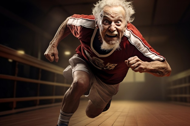 Un homme âgé, athlète d'athlétisme, court frénétiquement.