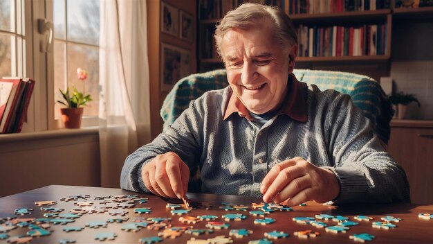 Photo un homme âgé atteint du syndrome de parkinson fait des puzzles à la maison.