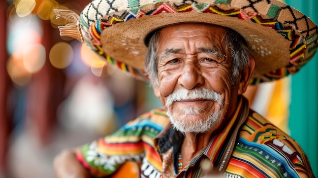 Un homme âgé au sourire chaleureux portant un sombrero traditionnel coloré et un poncho au fond flou
