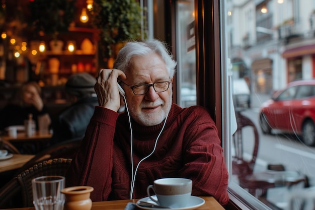 Un homme âgé aux cheveux gris avec des lunettes et un pull bourgogne assis à table en train d'ajuster des écouteurs tout en écoutant de l'audio sur un téléphone portable