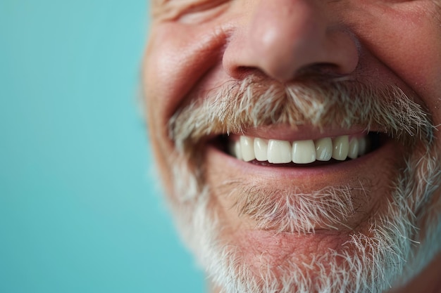 Photo un homme âgé aux dents blanches souriant sur un fond bleu