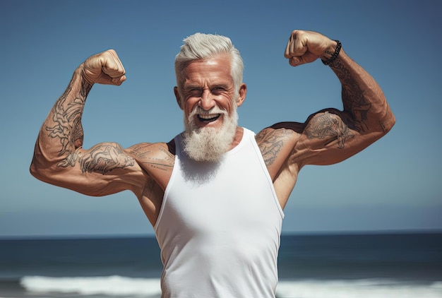 un homme âgé avec une barbe blanche et des tatouages sur les bras