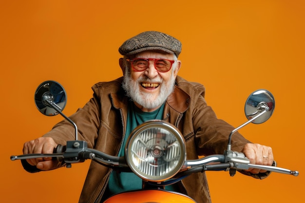 Un homme âgé à la barbe heureuse et joyeuse sur un fond coloré.