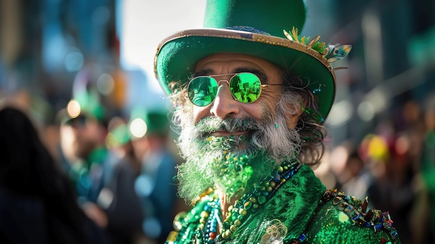 Un homme âgé à la barbe rouge au défilé de la fête de Saint-Patrick habillé en leprechaun avec un haut vert