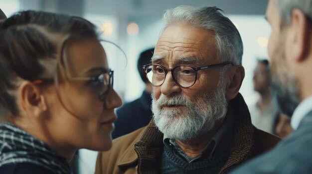 Un homme âgé barbu portant des lunettes qui a une conversation avec une femme.