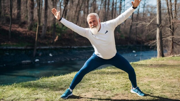 Photo un homme âgé et barbu en vêtements de sport posant en plein air avec une forêt et une rivière.