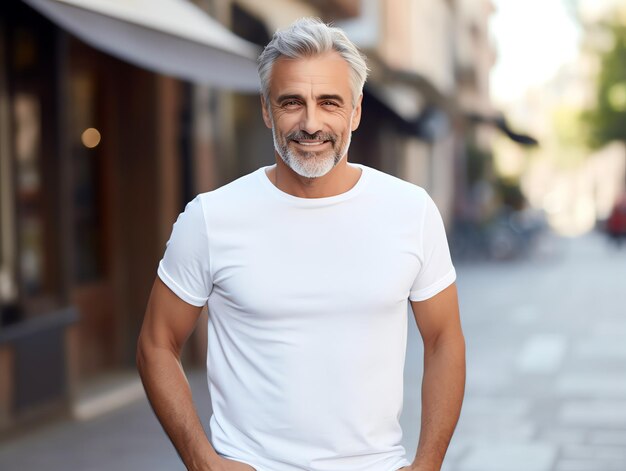 Homme âgé en bonne santé portant un maillot blanc vide pour un modèle de conception