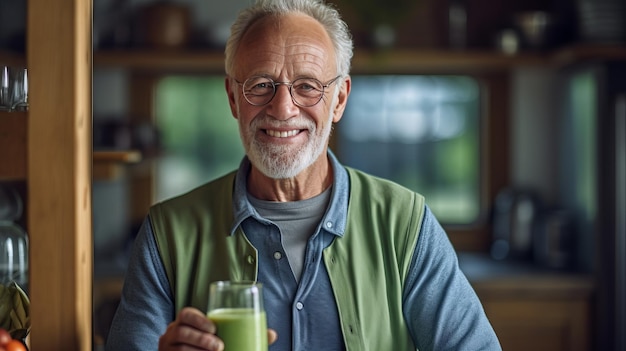 Un homme âgé en bonne santé souriant tout en tenant un verre de jus vert dans la cuisine