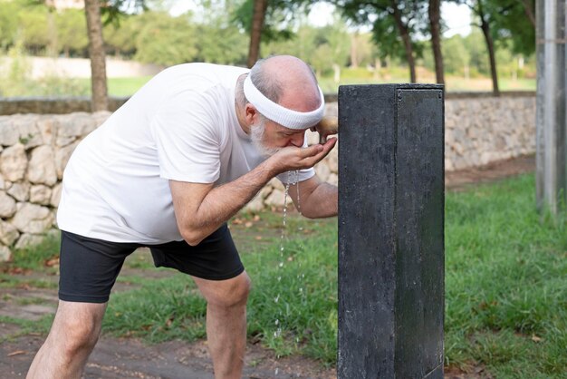 Homme âgé buvant de l'eau de la fontaine après l'exercice du matin dans le parc public