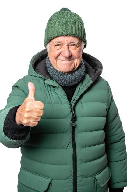 Un homme âgé caucasien heureux dans des vêtements d'hiver colorés avec le pouce en l'air