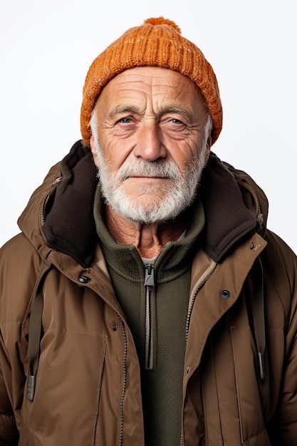 Un homme âgé caucasien portant des vêtements chauds d'hiver