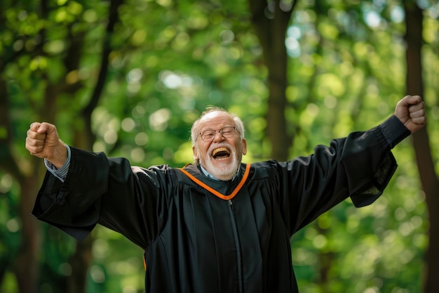 Un homme âgé célèbre sa remise des diplômes en célébrant l'obtention de l'apprentissage tout au long de la vie et la croissance personnelle