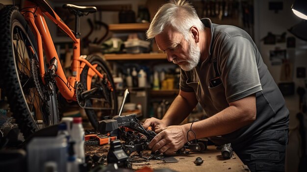 Un homme âgé change la batterie d'un vélo électrique Ai génératif