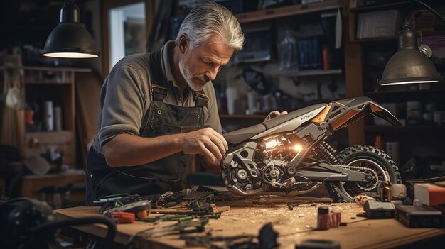 Un homme âgé change la batterie d'un vélo électrique Ai génératif