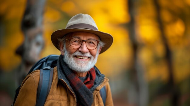 Un homme âgé avec un chapeau et des lunettes sourit à la caméra avec un fond de nature flou suggérant une activité en plein air Ai générative