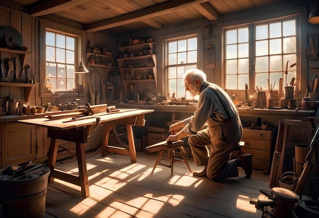 Photo un homme âgé un charpentier travaillant dans son atelier
