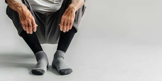 Homme âgé en chaussettes noires massant ses jambes pour une meilleure circulation et un soulagement de l'inflammation Concept Massage des jambes Soins aux personnes âgées Techniques de circulation Soulagement de linflammation