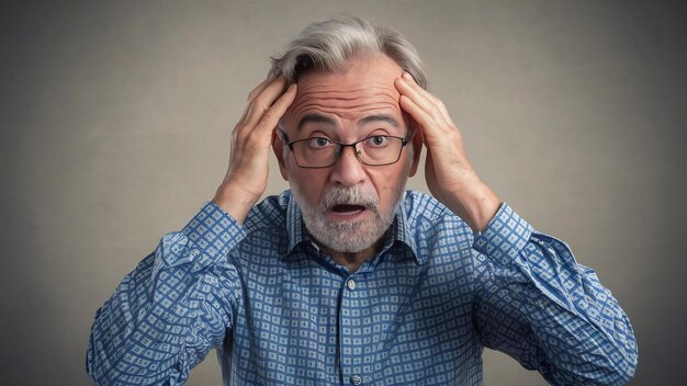 Un homme âgé choqué et surpris touche la tête et a l'air anxieux.