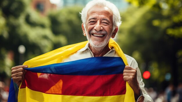 Homme âgé colombien joyeux avec le drapeau national