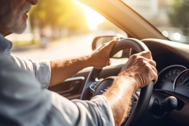 Un homme âgé conduisant une voiture dans la rue