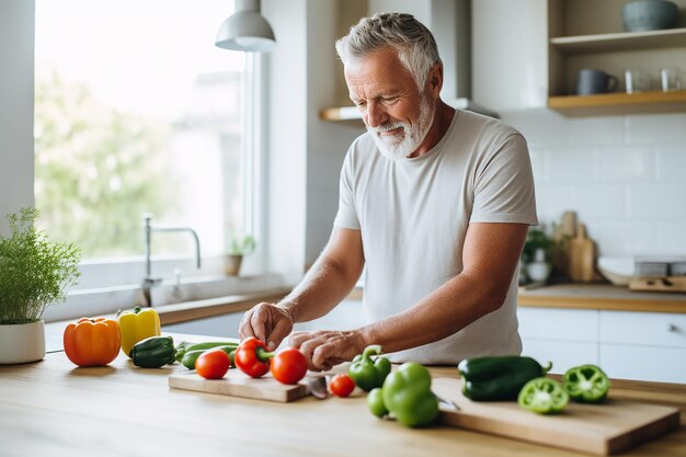 un homme âgé de constitution athlétique prépare une salade à l'intérieur d'une cuisine moderne blanche coupe ve