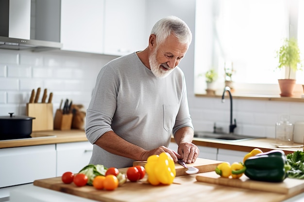 un homme âgé de constitution athlétique prépare une salade à l'intérieur d'une cuisine moderne blanche coupe ve