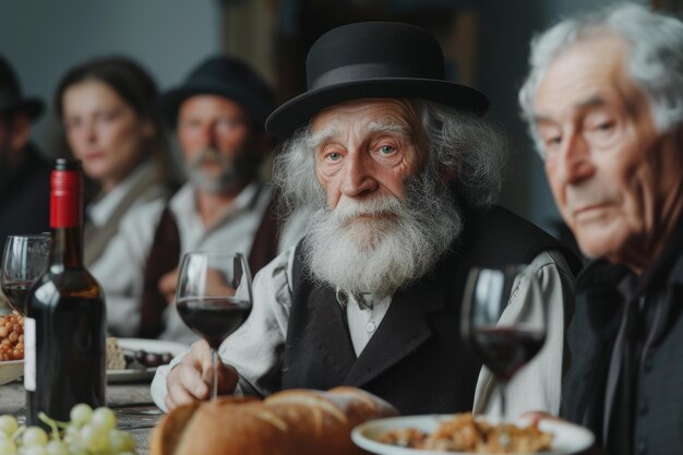 Un homme âgé contemplatif lors du dîner séder de la Pâque juive avec sa famille