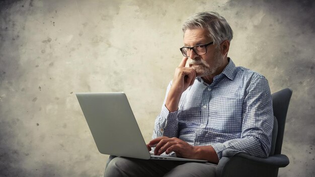 Homme âgé contemplé assis sur une chaise avec un ordinateur portable contre un fond grunge