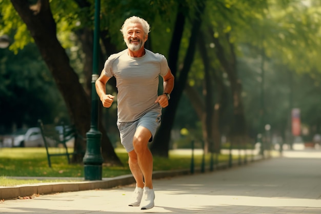 Un homme âgé court un marathon, un grand-père fait du jogging dans le parc, des sports pour les personnes âgées génèrent de l'IA.