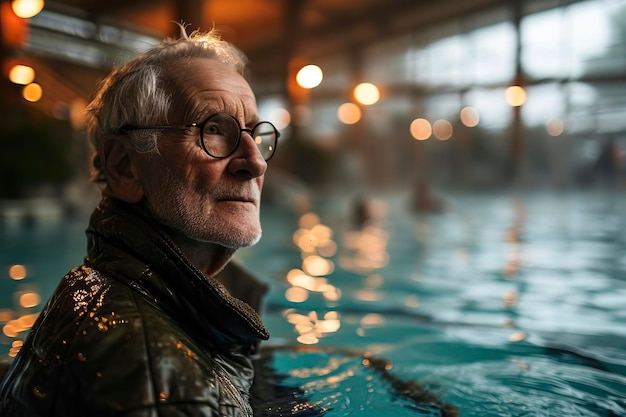 Un homme âgé debout dans une piscine intérieure