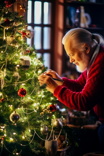 Un homme âgé décore un arbre de Noël à la maison.