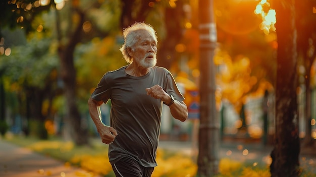 Homme âgé dirige le parc au coucher du soleil Concept de style de vie sain