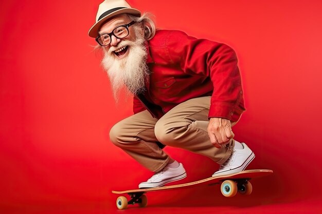 Homme âgé drôle et ridicule chevauchant un skateboard sur fond rouge