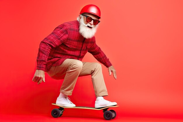 Homme âgé drôle et ridicule chevauchant un skateboard sur fond rouge