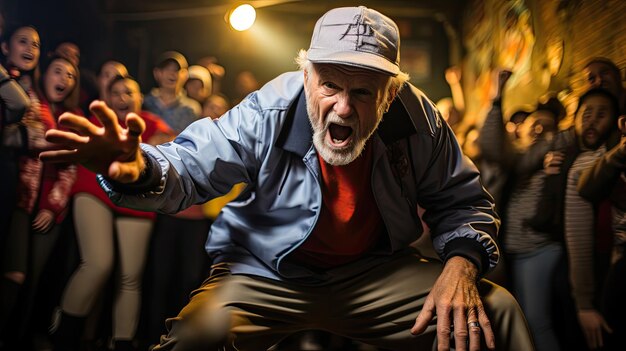 Photo un homme âgé effectuant un mouvement de breakdance d'airflare au milieu d'une bataille de danse entourée d'une foule de centaines de personnes