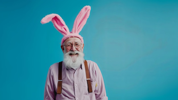 homme âgé élégant en costume de lapin de Pâques souriant émotions positives fond bleu
